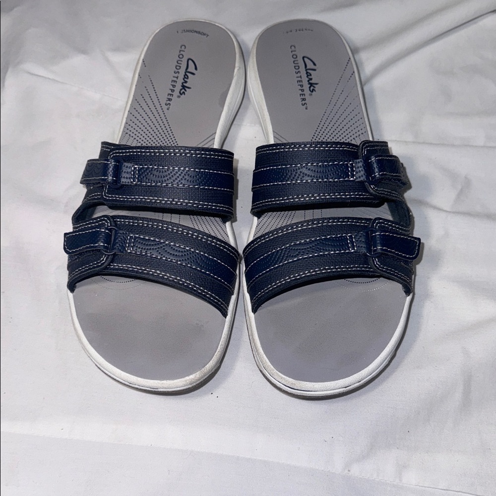 Clarks Cloudsteppers Sandals Womens 8 Navy Comfort Cushioned Slide Walking - Picture 3 of 9